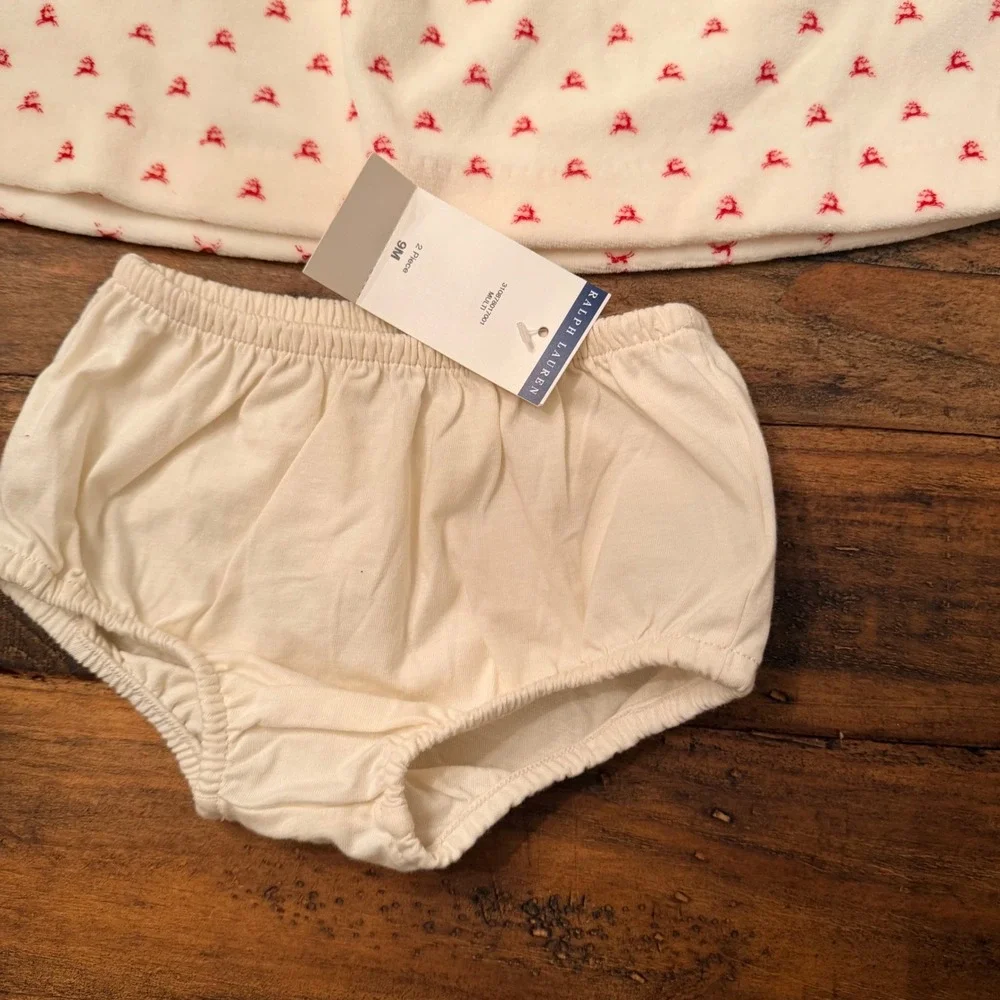 Ralph Lauren Baby Girls Ivory Red‎ Reindeer Velour Dress Bloomer Set 9M Holiday